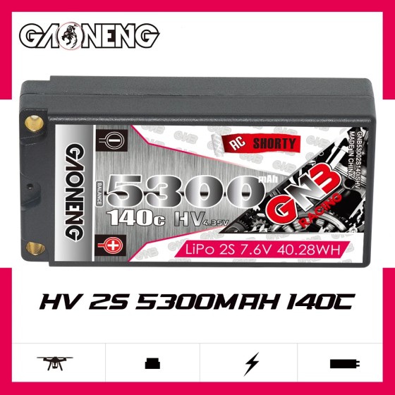 GNB GAONENG 5300MAH 2S HV 7.6V 140C Short Shorty Pack 5.0mm Bullet Hard Case RC LiPo Battery 1:10 1:12 Scale RC Race Car LiHV